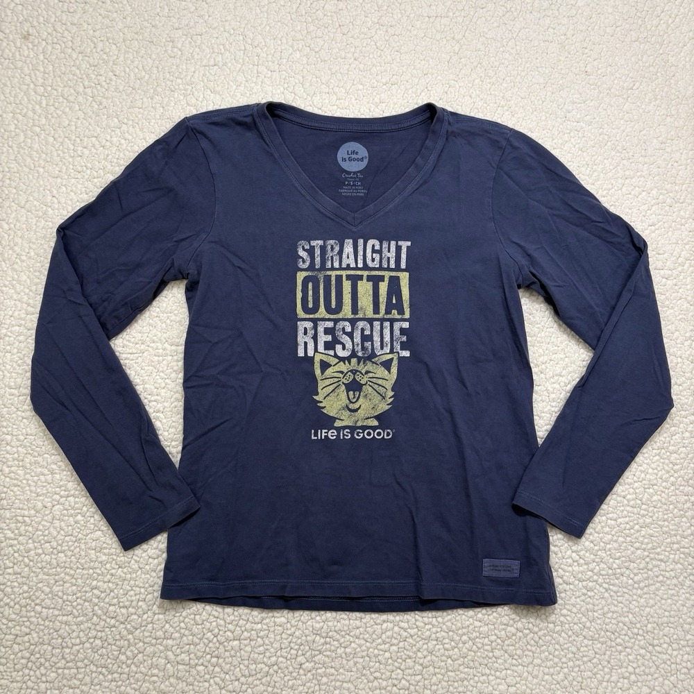 LIFE IS GOOD Cat CRUSHER Tee Long Sleeve "Straight Outta Rescue" Womens S Navy